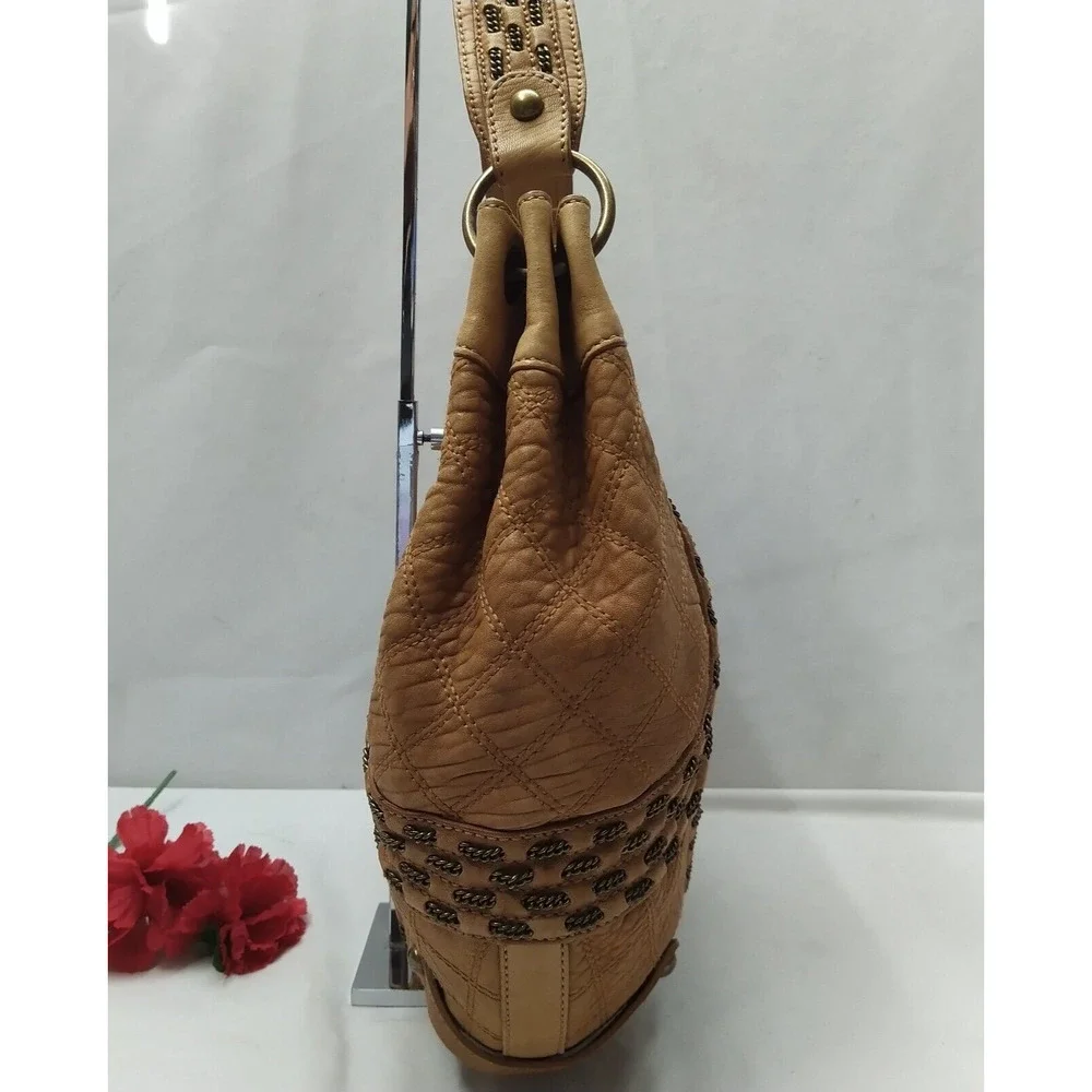 Isabella Fiore Tan Brown Learher Stitching Zipper Closure Hobo Shoulder Bag